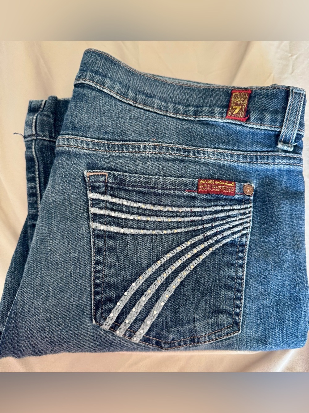 7 For All Mankind Medium Blue Flare Jeans with Embellished Pocket